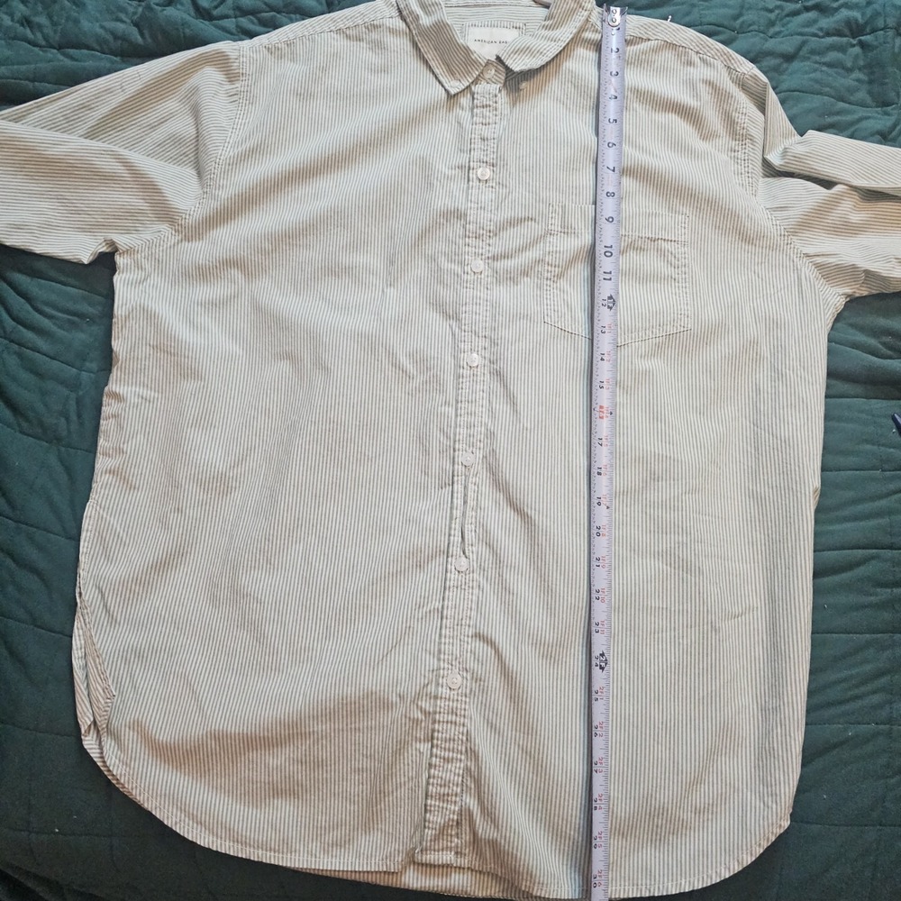 American Eagle Oversized Striped Sage Green Button up Shirt Large Resort Cotton - Picture 11 of 11